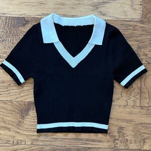 Brand New Women's Short Sleeve Ribbed Crop Sweater Top Black and White